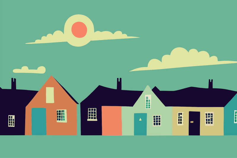 Illustrasjon av hus som står på rekke